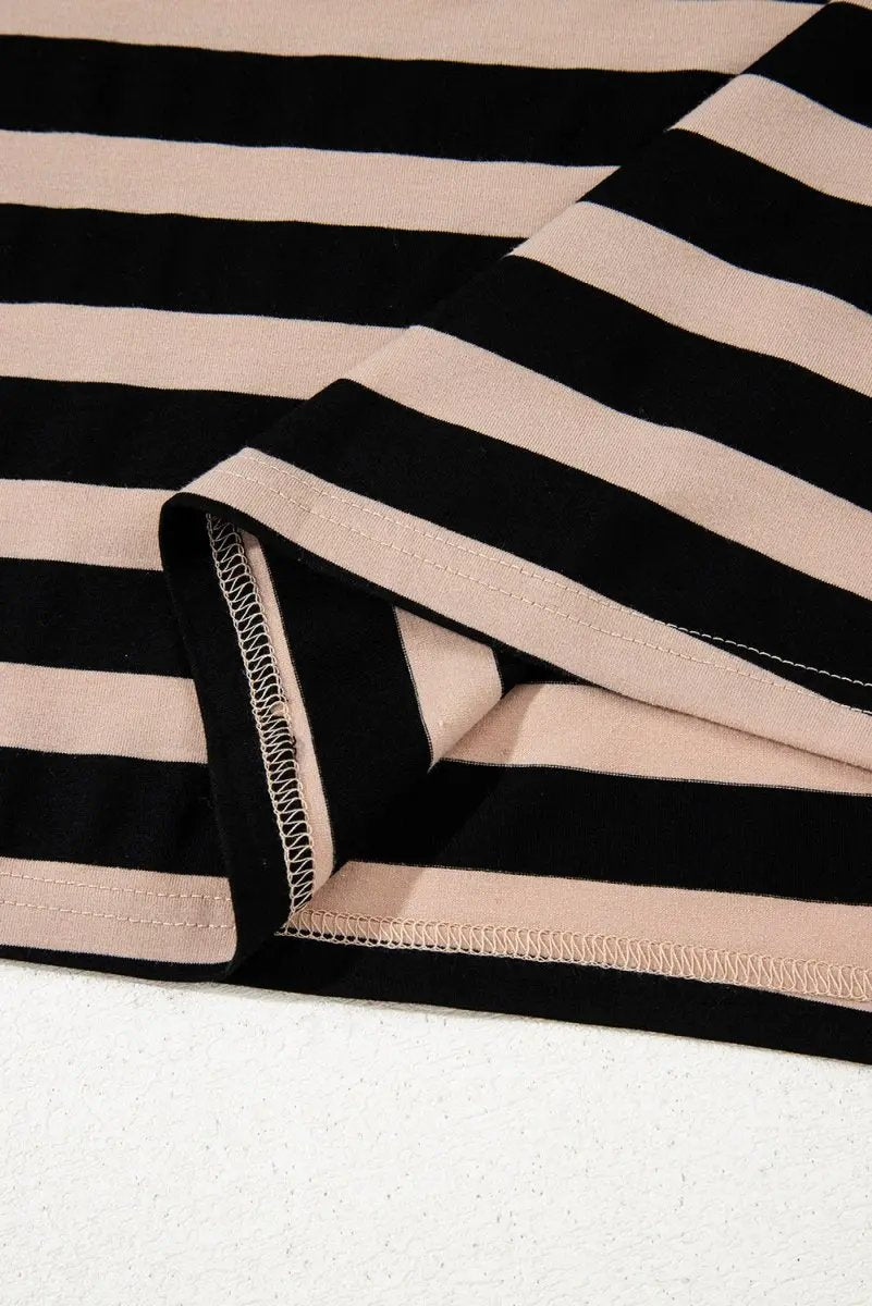 Black Stripe Casual Round Neck T-shirt Maxi Dress with Pockets - Love Salve